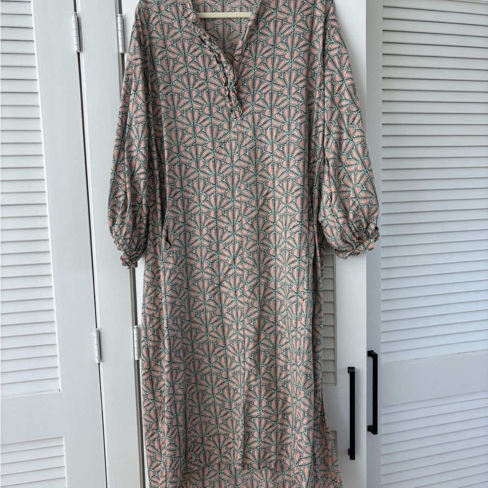 MIRTH Caftan Green and Pink Patterned Cotton Dress